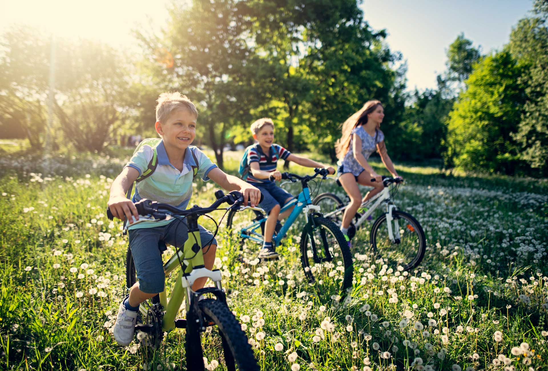 Kinder fahren mit Rad in Wiese